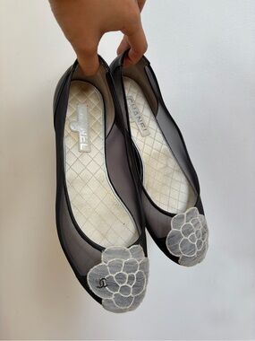 CHANEL Black Mesh Camellia Appliqué Flats